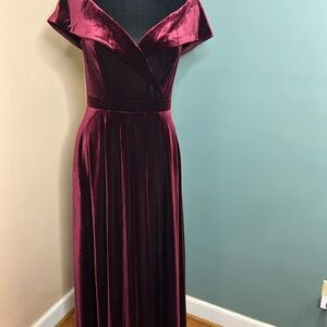 Xscape Velvet Off-Shoulder Dress in Deep Red